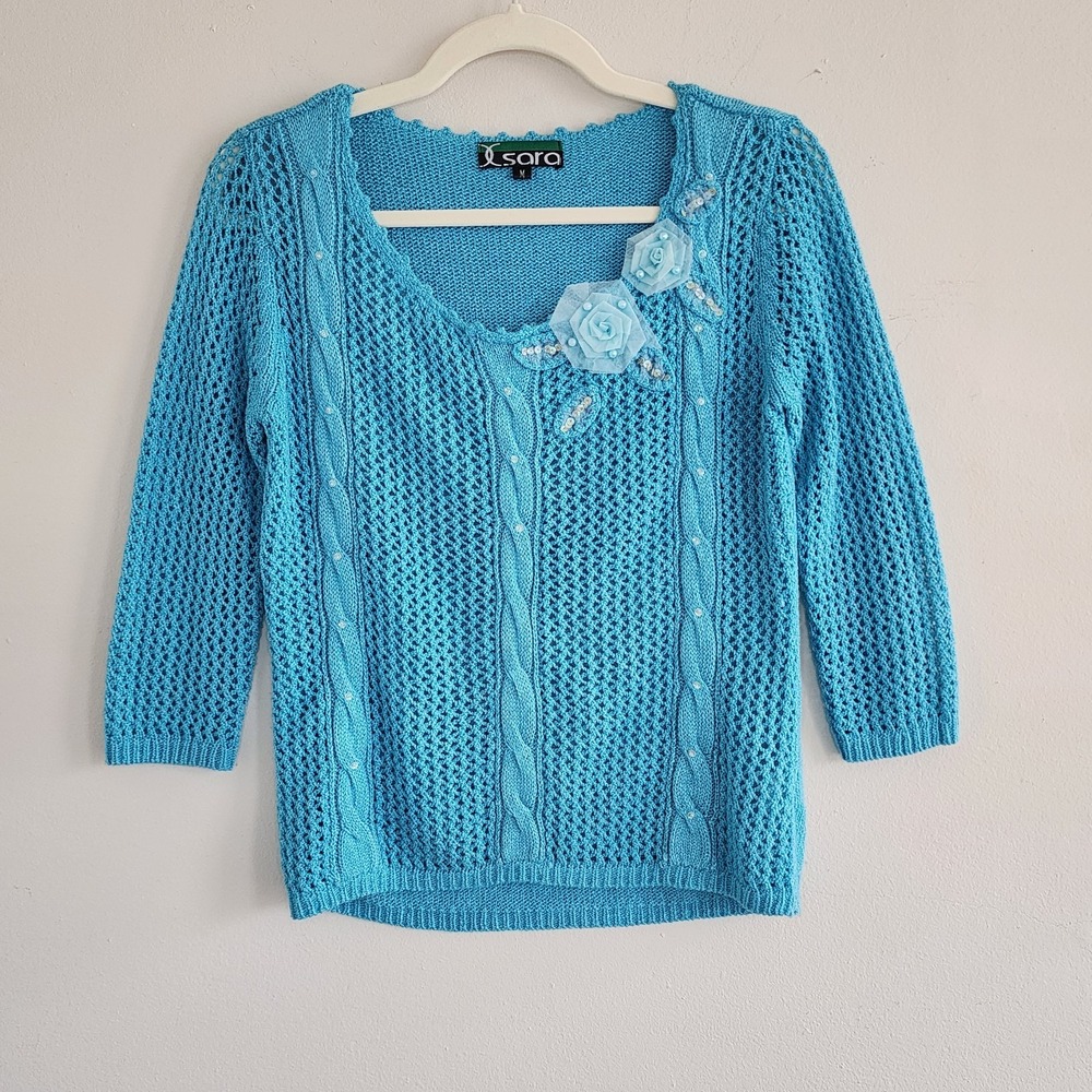 Womens Rosette Crochet Knit Sweater Medium Cottagecore Coastal Coquette Feminine
